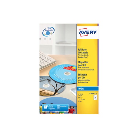 CAJA 25h ETIQUETAS AVERY PARA CD INKJET GLOSSY Ø117 mm