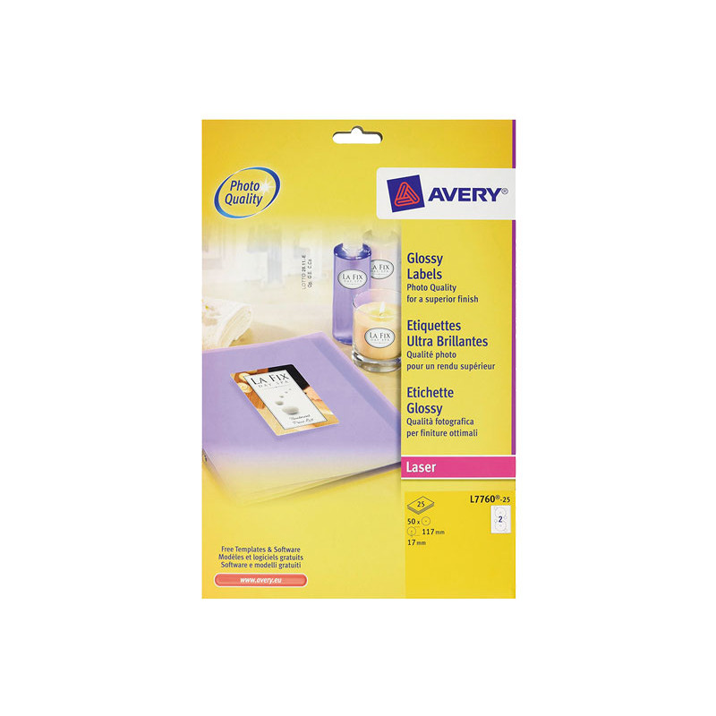 CAJA 25h ETIQUETAS AVERY PARA CD LÁSER GLOSSY Ø117 mm CAJA 25h ETIQUETAS AVERY PARA CD LÁSER GLOSSY Ø117 mm
