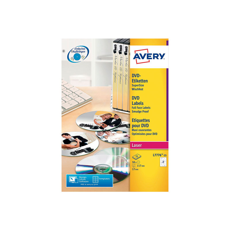 CAJA 25h ETIQUETAS AVERY PARA CD LÁSER Ø117 mm CAJA 25h ETIQUETAS AVERY PARA CD LÁSER Ø117 mm