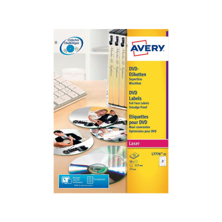 CAJA 25h ETIQUETAS AVERY PARA CD LÁSER Ø117 mm