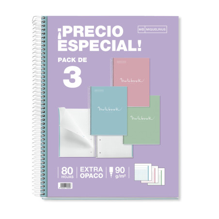 PACK 3 CUADERNOS MIQUEL RIUS NOTEBOOK 1 ESPIRAL "EMOTIONS" 80h A4 5x5