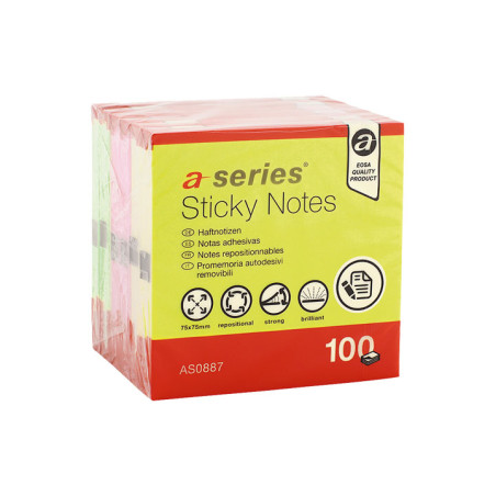 BLOC DE NOTAS A-SERIES REPOSICIONABLE NEÓN 75x75mm